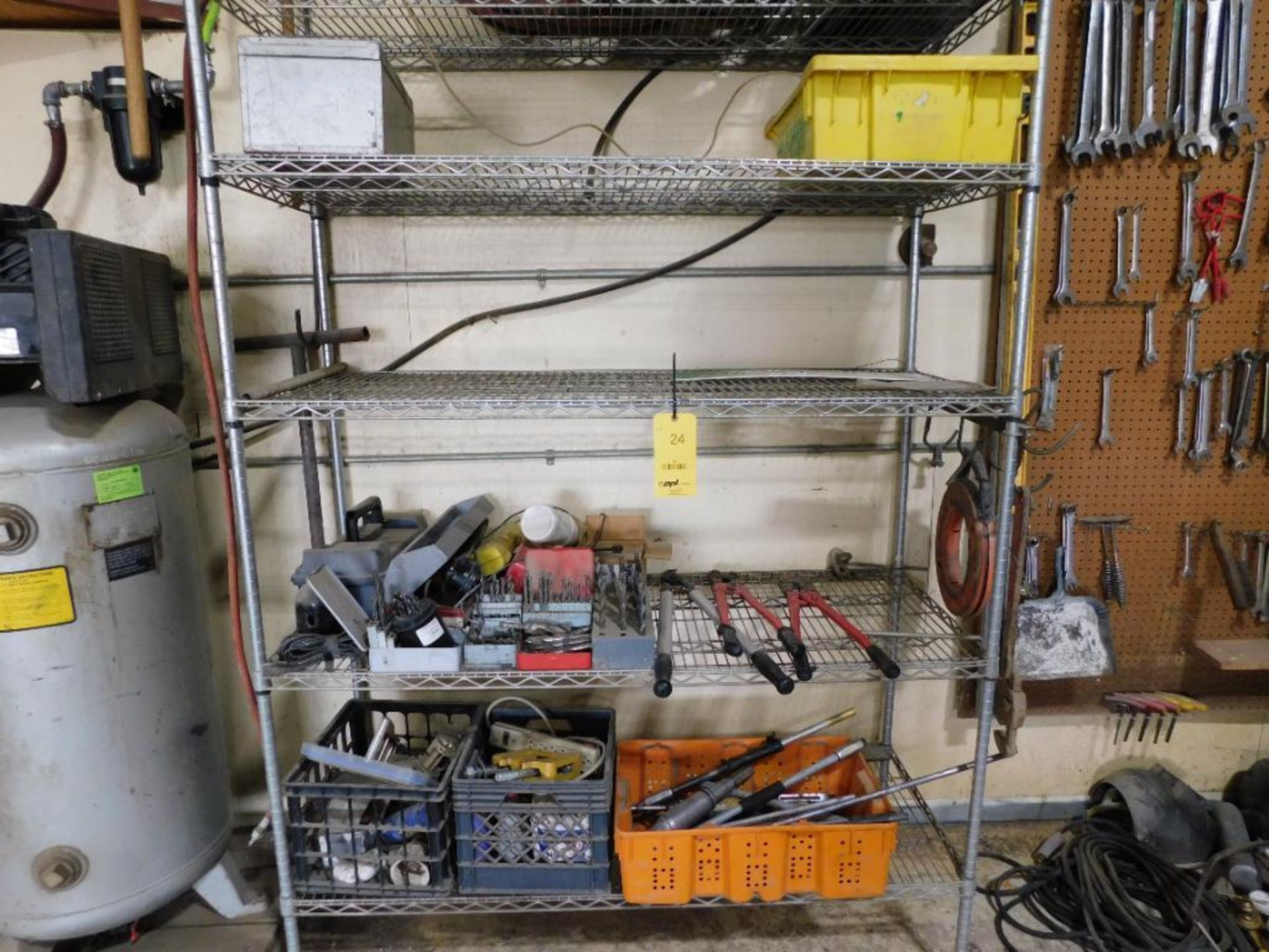 LOT: (2) Metro Racks w/Assorted Drill Indexers, Bolt Cutters, Batteries, etc. (LOCATED IN MAINTENANC