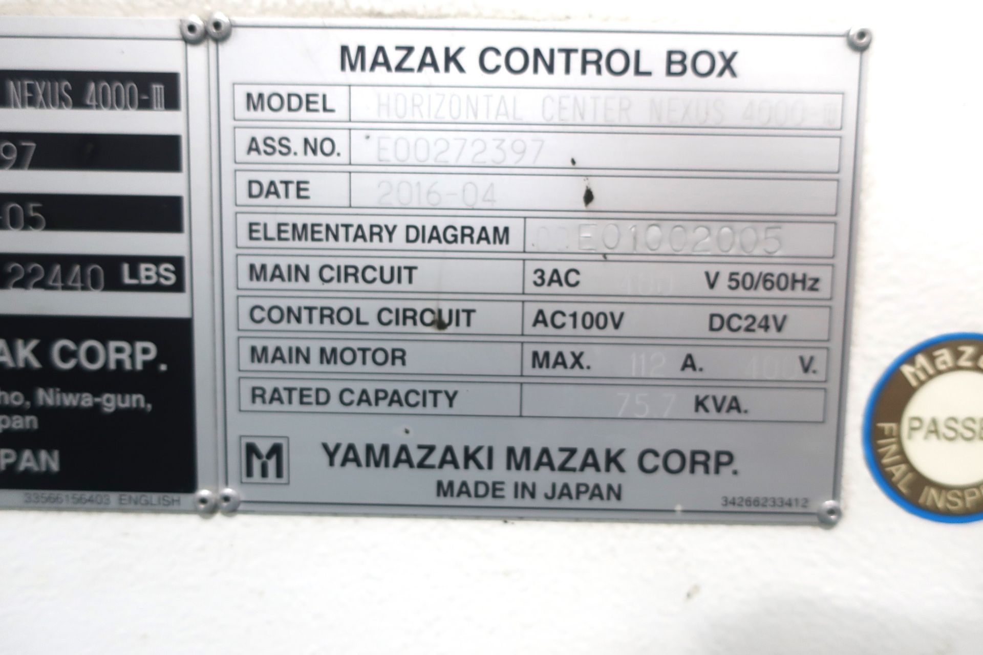 16"X16" MAZAK HCN NEXUS 4000-III 4-AXIS PRECISION HORIZONTAL MACHINING CENTER, S/N 272397 - Image 16 of 16