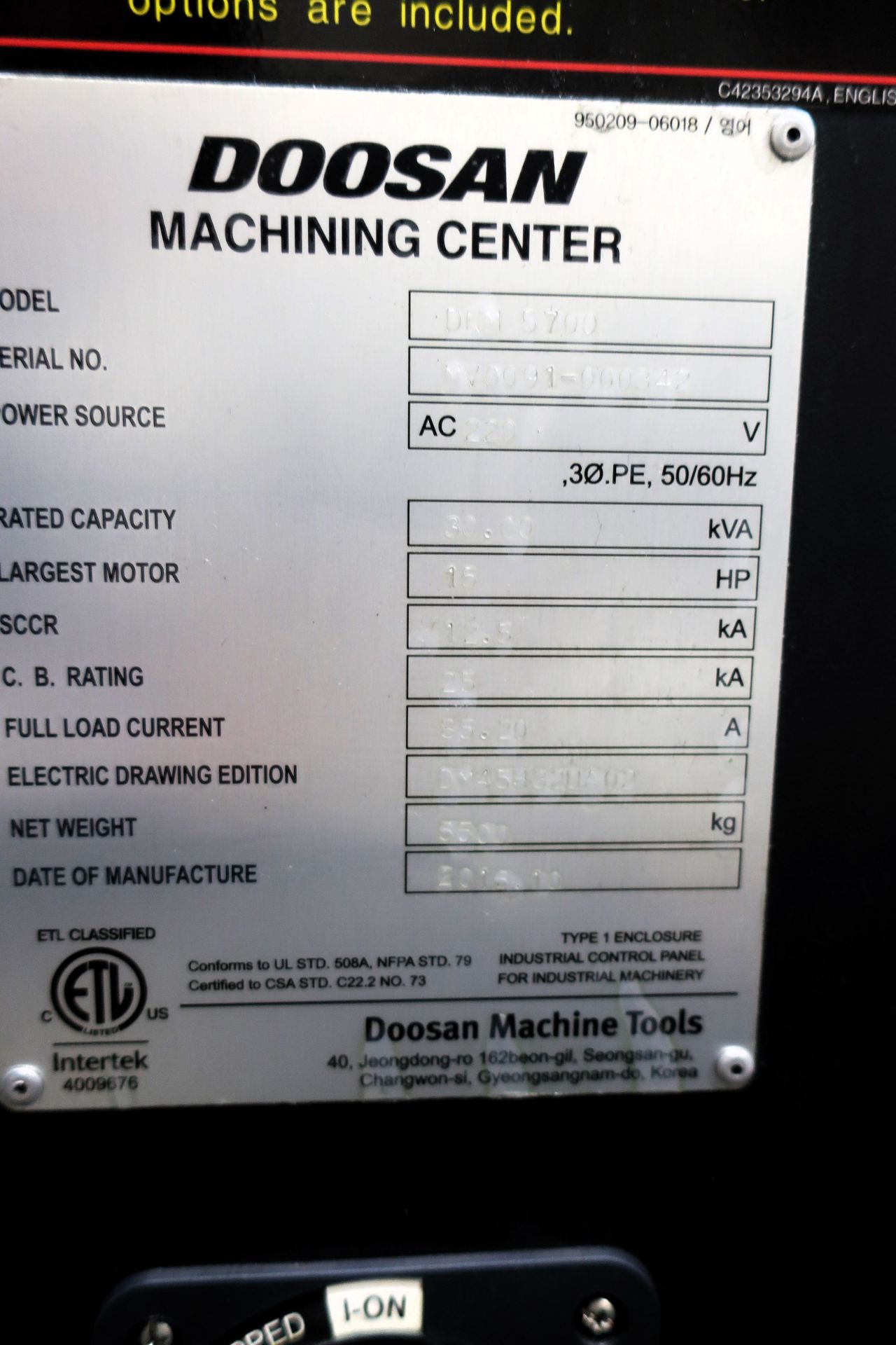 DOOSAN MODEL DNM 5700 3-AXIS PRECISION VERTICAL MACHINING CENTER, S/N MV0091-000342 - Image 15 of 15