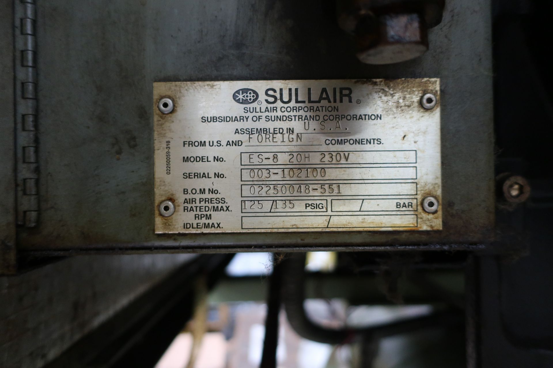 125 psi Sullair ES-8 20hp Air Compressor, SN 003-102100 - Image 4 of 6