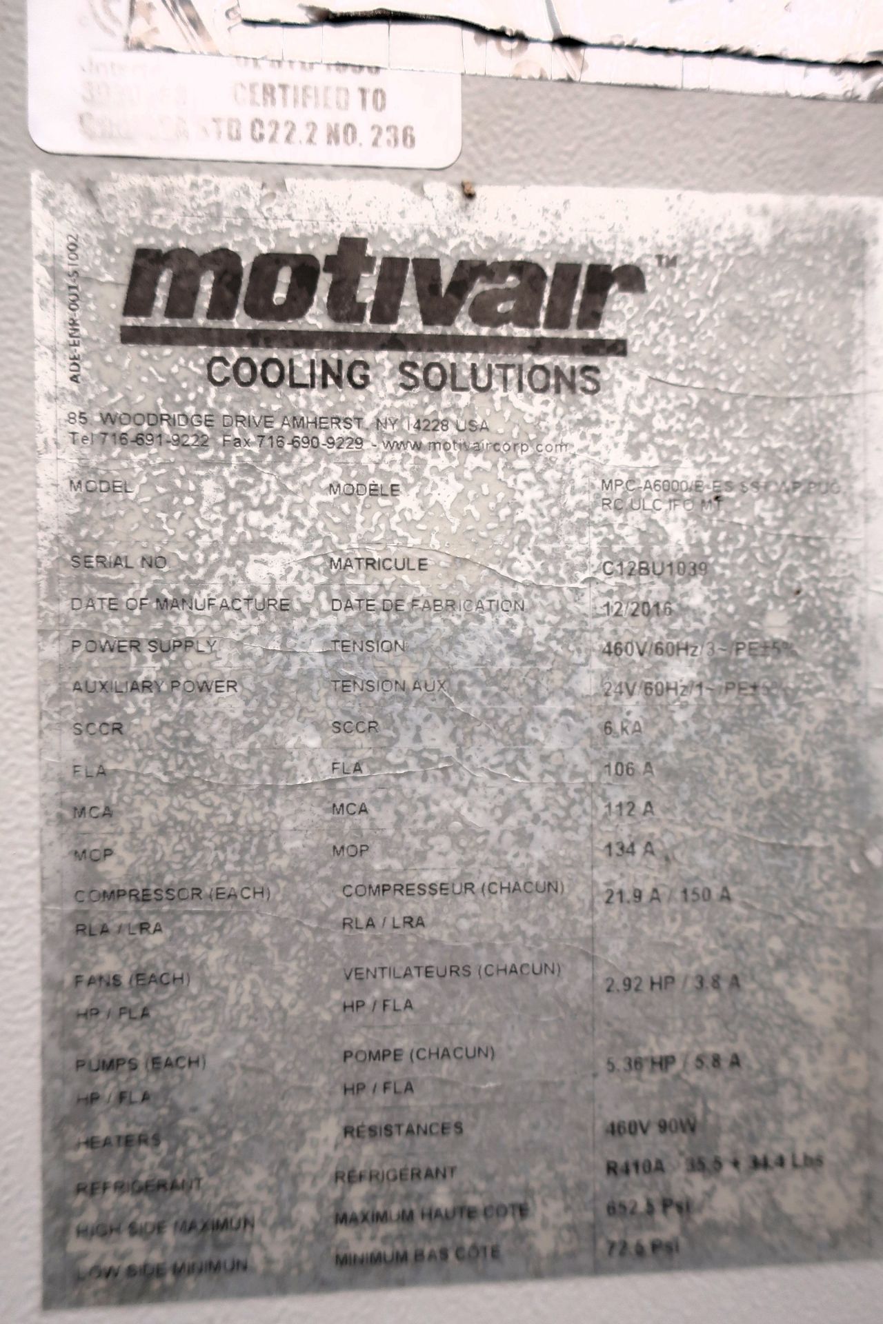 2016 Motivair MPC-A 6000 Air Cooled 44.5 Ton Chiller, SN C12BU1039 - Image 3 of 3