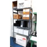 Metal Shelving Unit, Box of Berkshire Cleanroom Non-Woven Polyester/Cellulose Towels, Plastic Trays