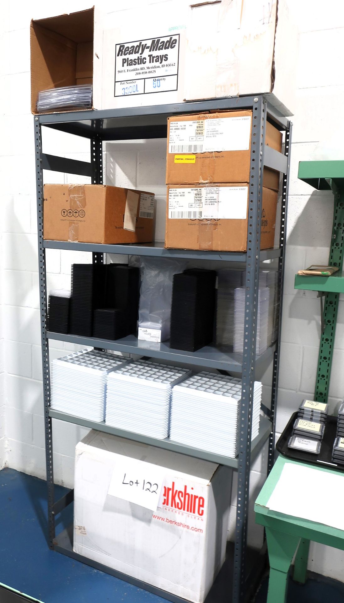 Metal Shelving Unit, Box of Berkshire Cleanroom Non-Woven Polyester/Cellulose Towels, Plastic Trays