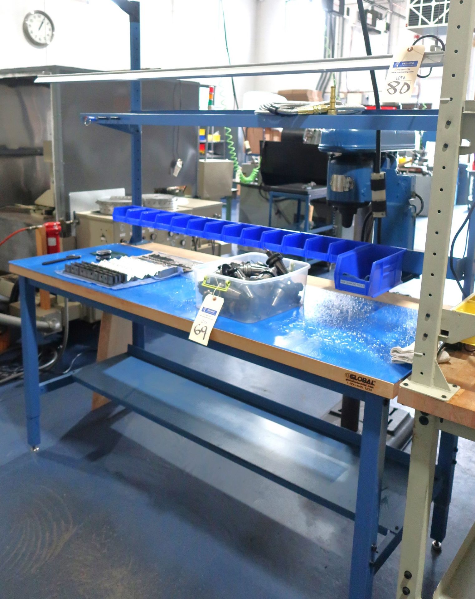 Wood Top Work Bench with Light, Electrical Outlets and Bins