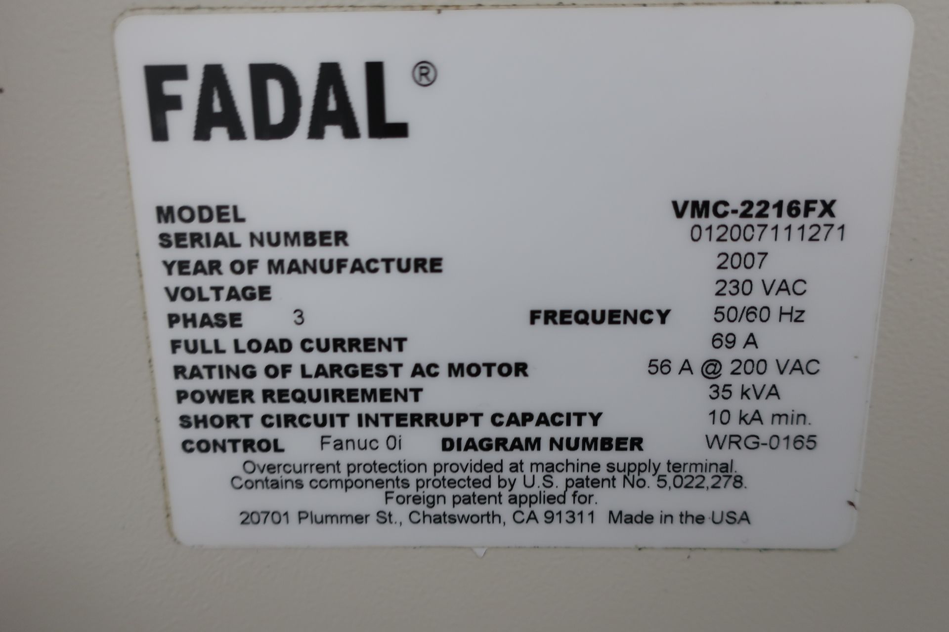 2007 Mag Fadal VMC 2216FX CNC Vertical Machining Center, SN 0120007111271 - Image 8 of 9