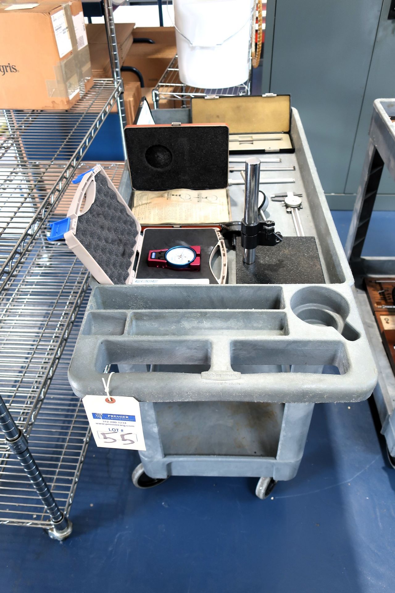 Tool Cart with misc. Mitutoyo and Fowler Calipers and other Inspection Equipment