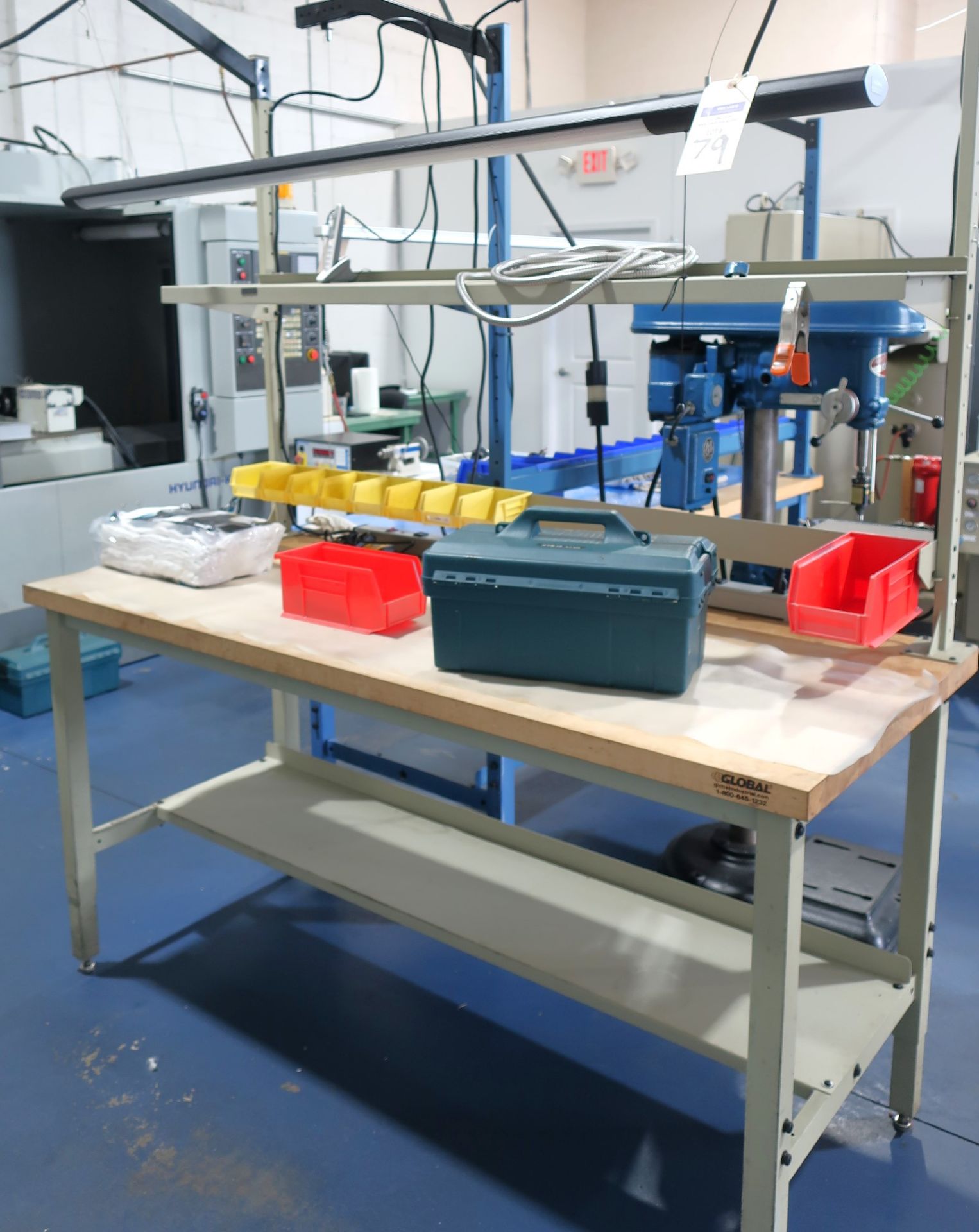 Wood Top Work Bench with Light, Electrical Outlets and Bins