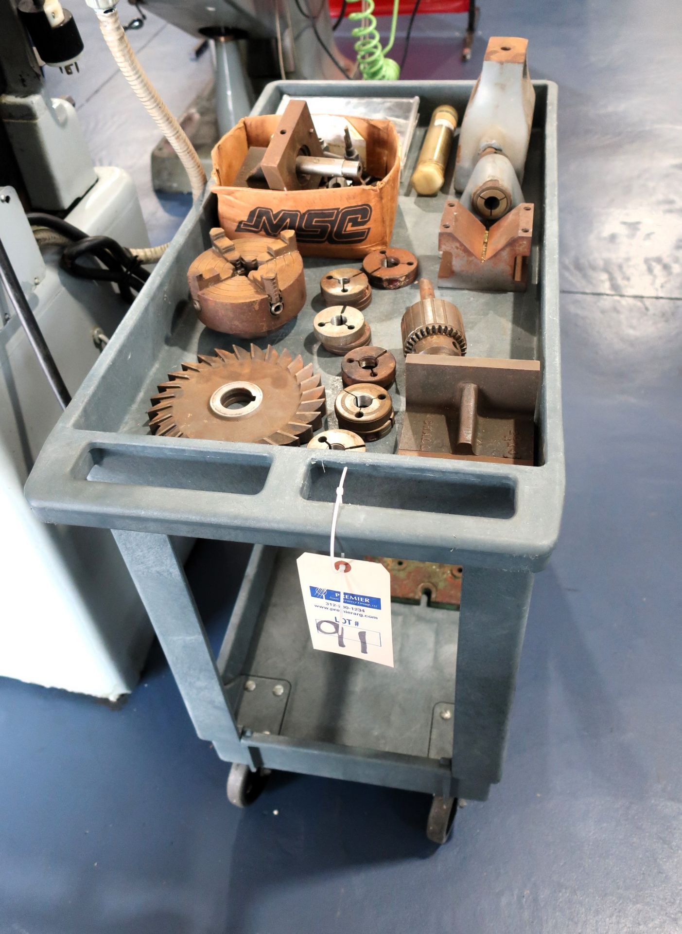 Tool Cart with misc lathe tooling, chucks, tailstock, drills