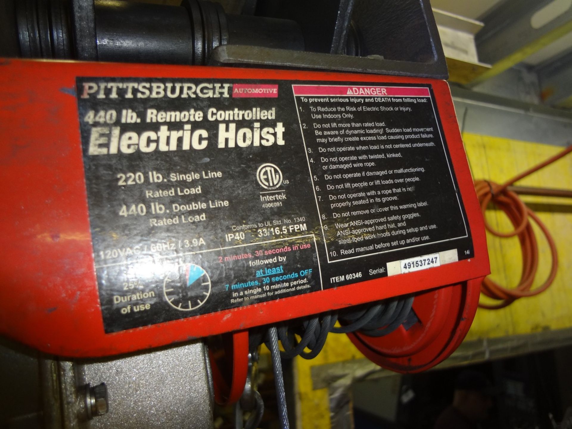 Pittsburgh 500 Lb Capacity Electric Hoist - Image 3 of 3