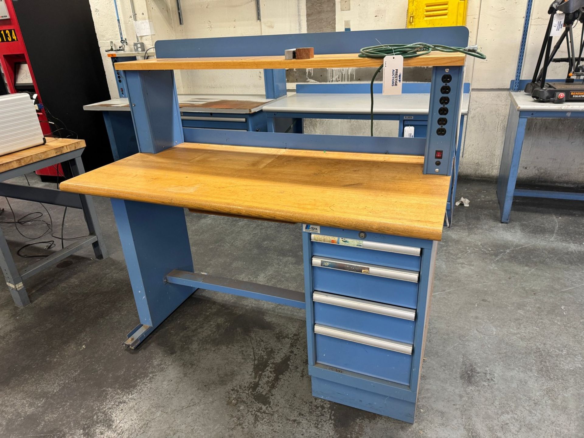 (2) 60" x 30" Lista 4-Drawer Wood Top Shop Desks, with Electrical Outlet, Upper Shelf (No Contents)