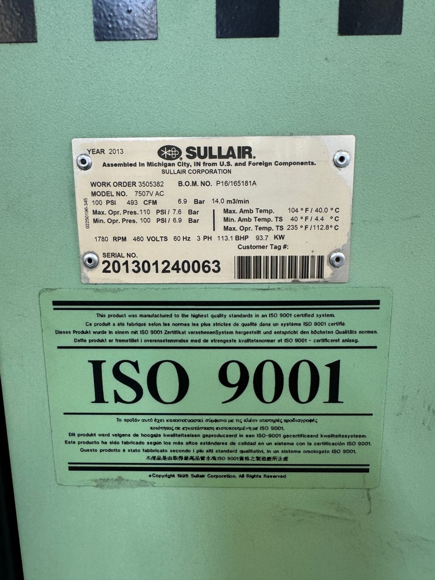 Sullair 7500 Model 7507VAC Screw Type Air Compressor - Bild 3 aus 3