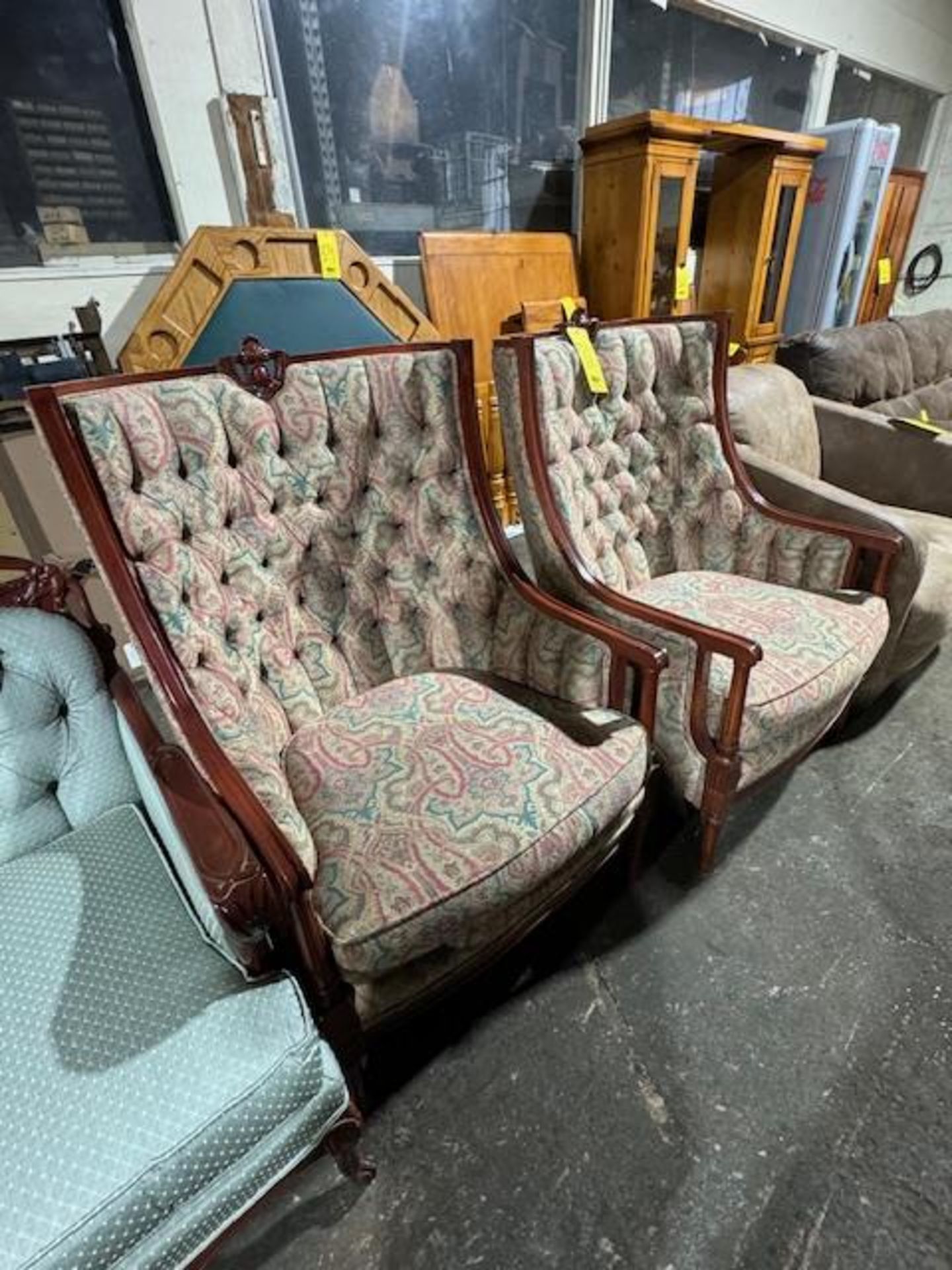 (2) ANTIQUE MAHOGANY AND NEWLY RE-UPHOLSTERED TUFTED HIGH-BACK CHAIRS (MINIMAL... - Image 4 of 4