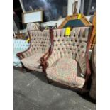 (2) ANTIQUE MAHOGANY AND NEWLY RE-UPHOLSTERED TUFTED HIGH-BACK CHAIRS (MINIMAL...