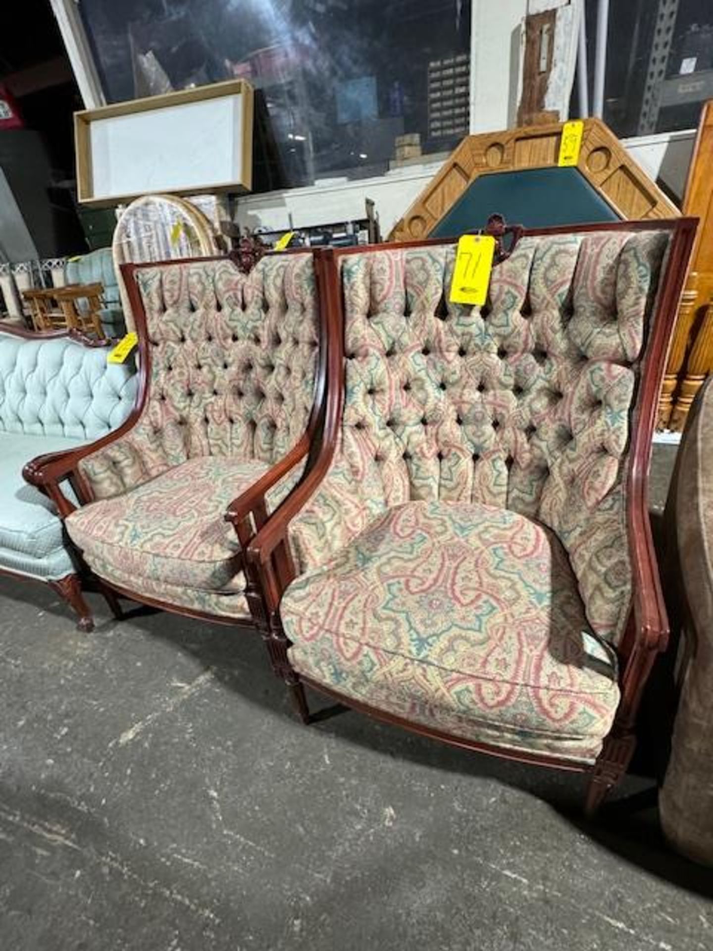 (2) ANTIQUE MAHOGANY AND NEWLY RE-UPHOLSTERED TUFTED HIGH-BACK CHAIRS (MINIMAL...