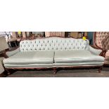 ANTIQUE MAHOGANY 32 IN. X 89-1/2 IN. MINT AND IVORY UPHOLSTERED TUFTED SOFA...