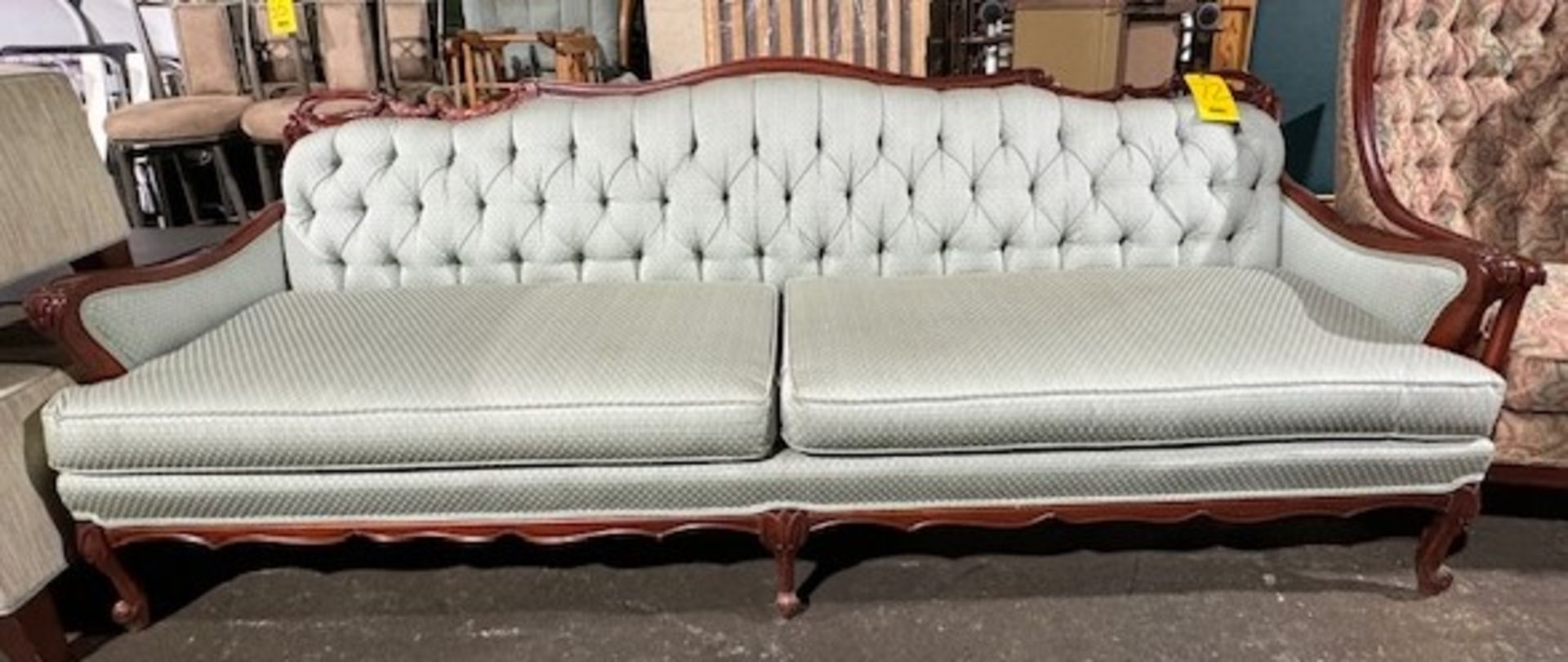 ANTIQUE MAHOGANY 32 IN. X 89-1/2 IN. MINT AND IVORY UPHOLSTERED TUFTED SOFA...