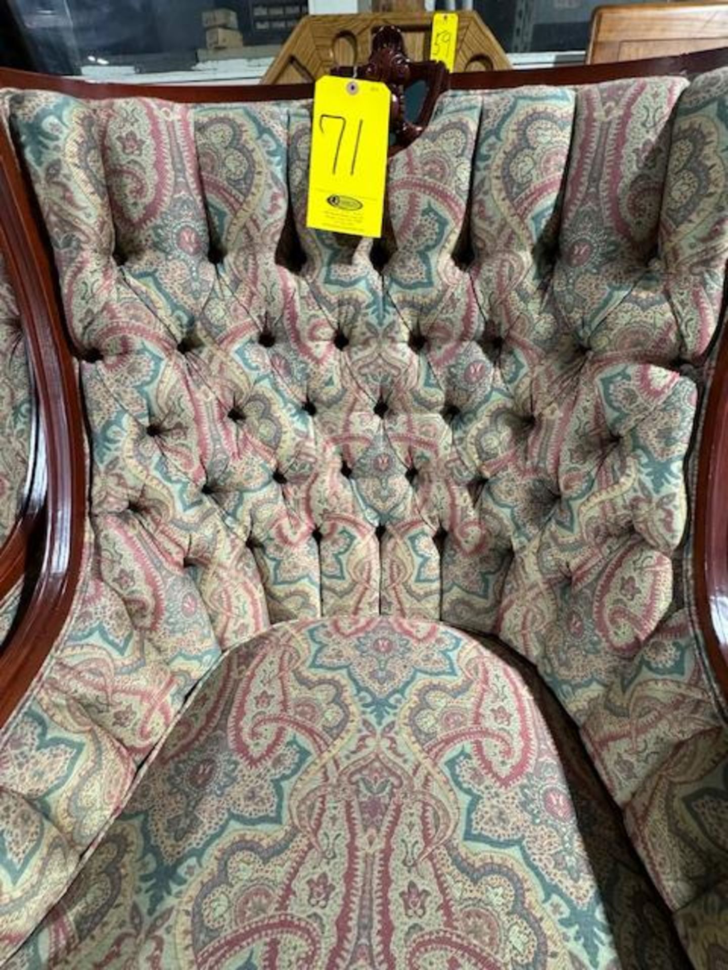 (2) ANTIQUE MAHOGANY AND NEWLY RE-UPHOLSTERED TUFTED HIGH-BACK CHAIRS (MINIMAL... - Image 2 of 4