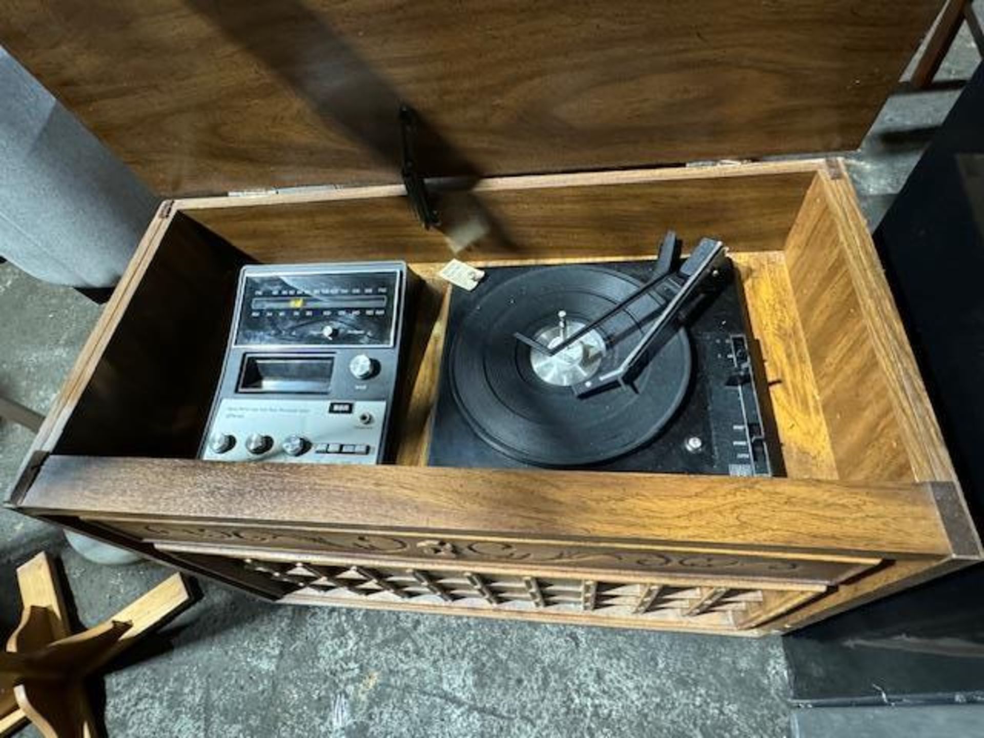 CABINET ENCLOSED RECORD AND 8-TRACK PLAYER WITH RADIO -- Turntable needs repair. - Image 2 of 2