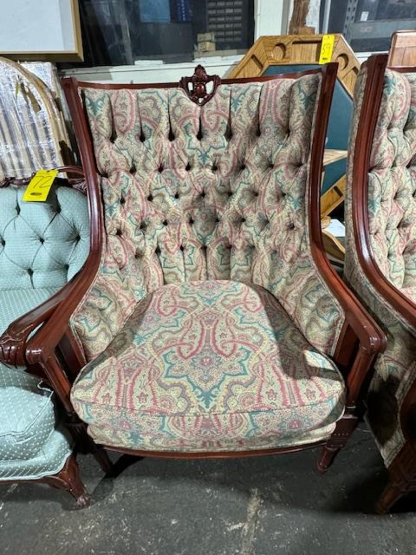 (2) ANTIQUE MAHOGANY AND NEWLY RE-UPHOLSTERED TUFTED HIGH-BACK CHAIRS (MINIMAL... - Image 3 of 4