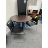 42 IN. ROUND BROWN LAMINATE TABLE WITH (4) MOLDED PLASTIC BLACK AND CHROME…