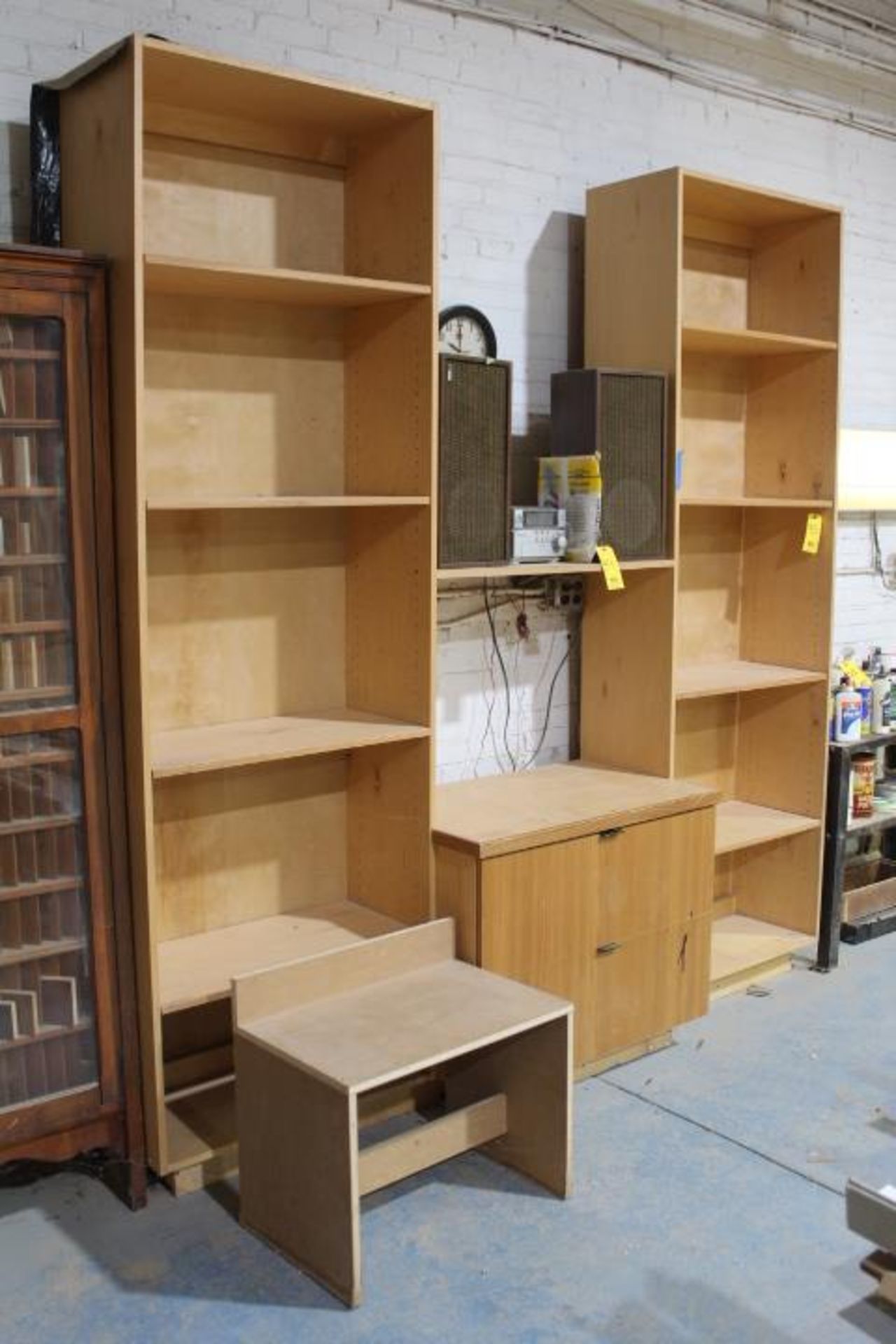 BOOKCASES, PEDESTAL FILE AND TABLE