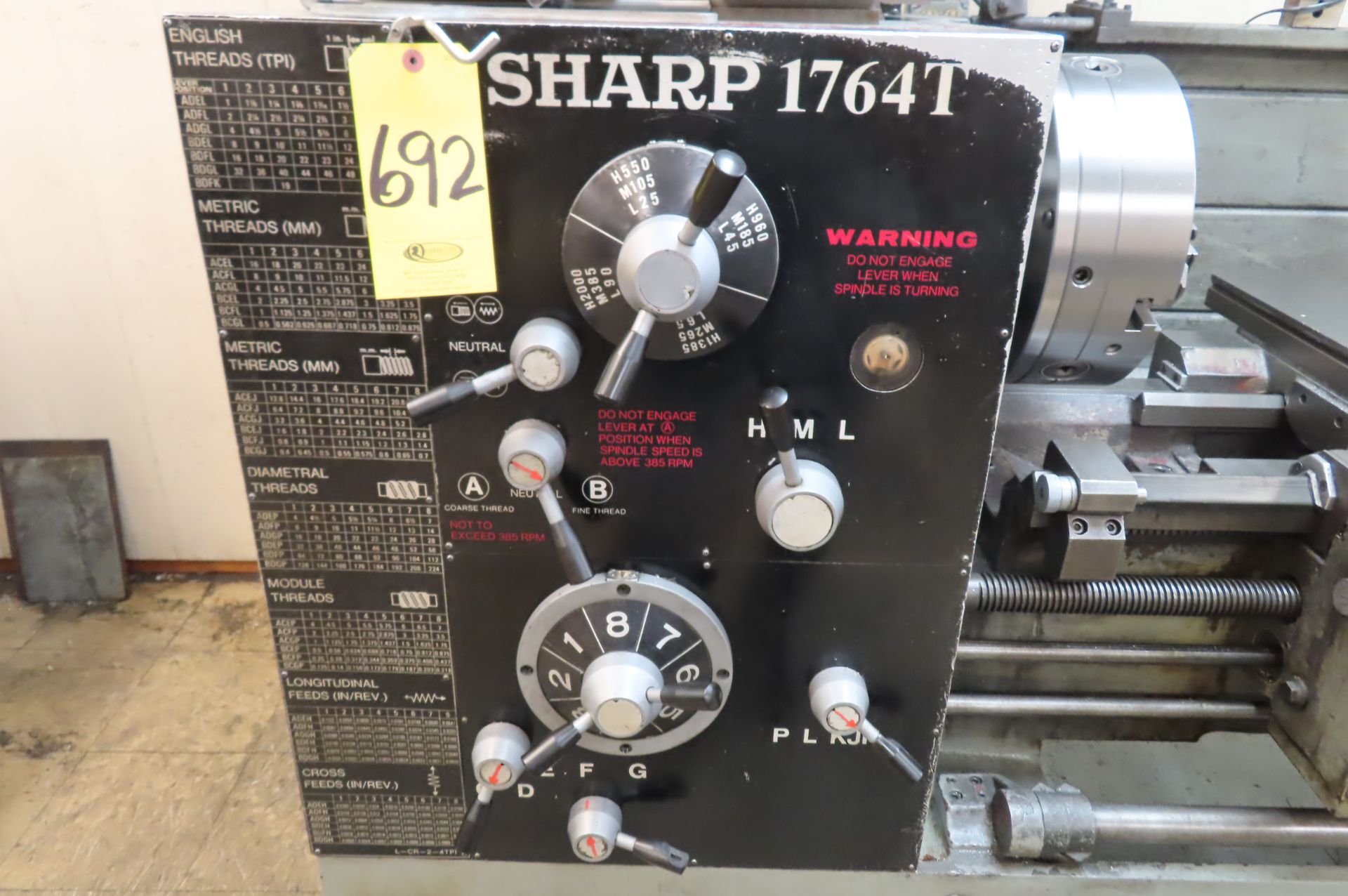 SHARP 1764T GAP BED ENGINE LATHE, S/N 91017 - Image 4 of 9