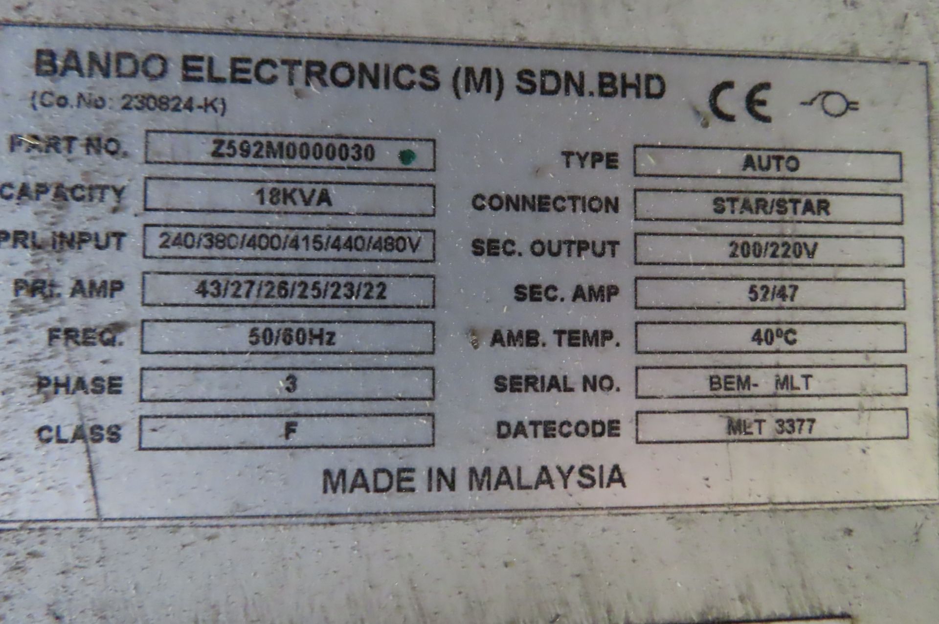 MAKINO 18 KVA TRANSFORMER, 3 PH, 50/60 HZ, NEVER INSTALLED - Image 2 of 3