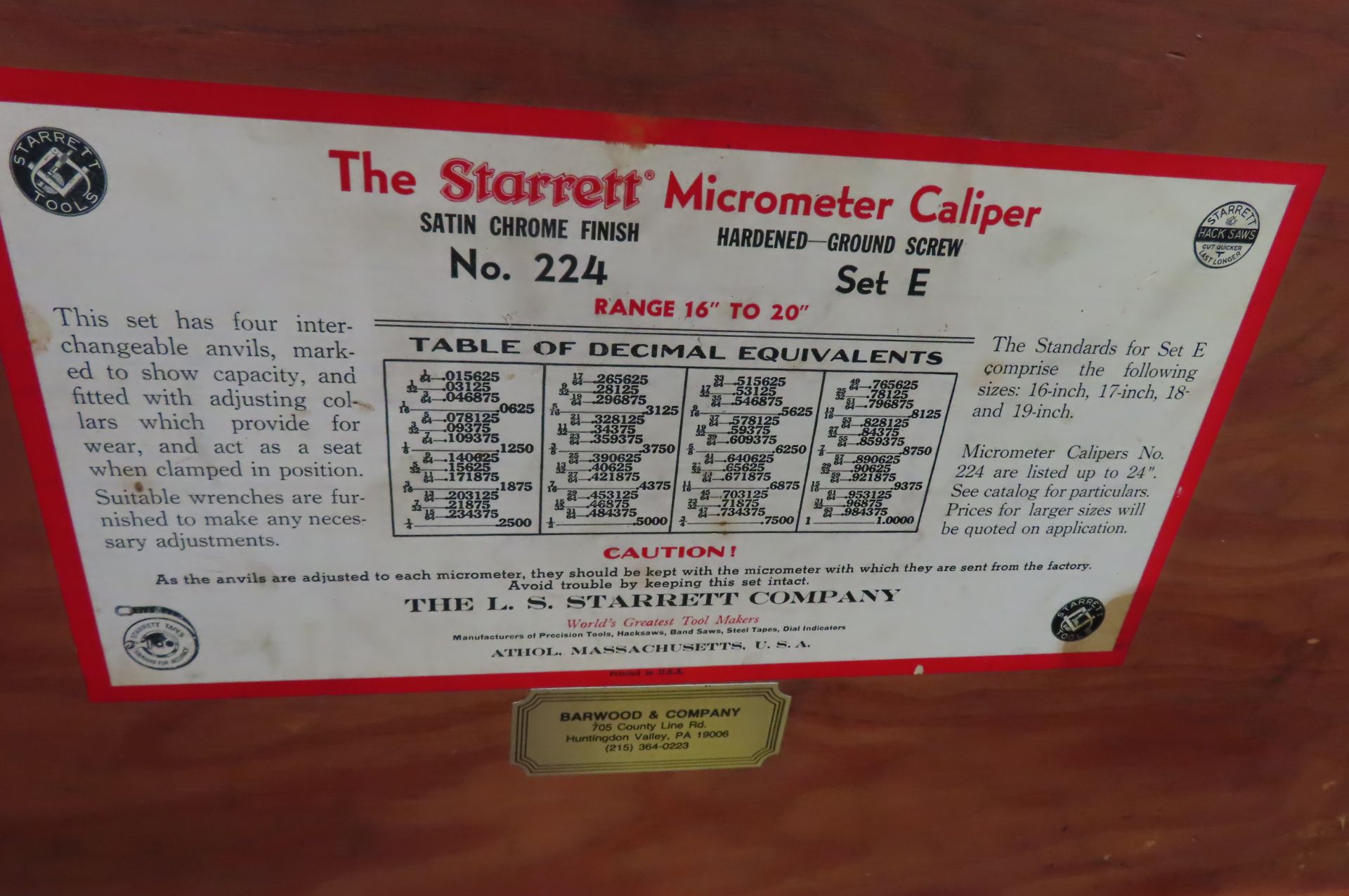 STARRETT 224 16-20 IN. OUTSIDE MICROMETER - Image 2 of 2