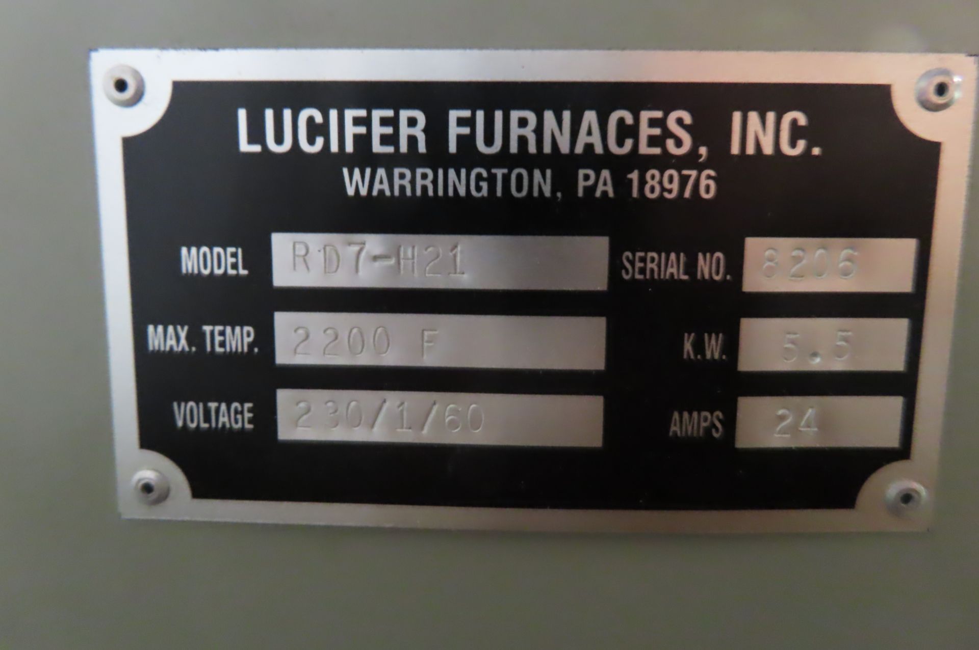 LUCIFER RD7-H21 ELECTRIC FURNACE, S/N SN8206, 2200 DEGREE F… - Image 3 of 5