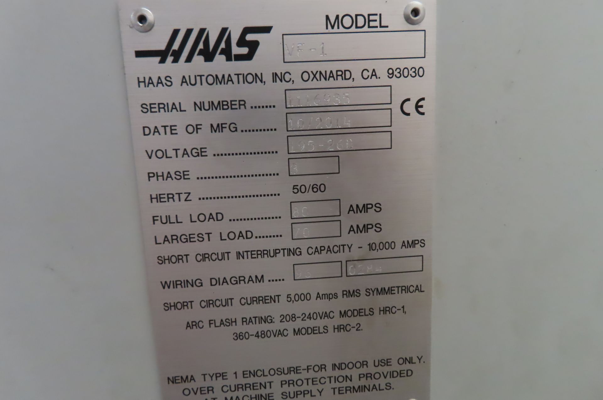 2014 HAAS VF-1 CNC VERTICAL MACHINING CENTER, S/N 1116935... - Image 12 of 12