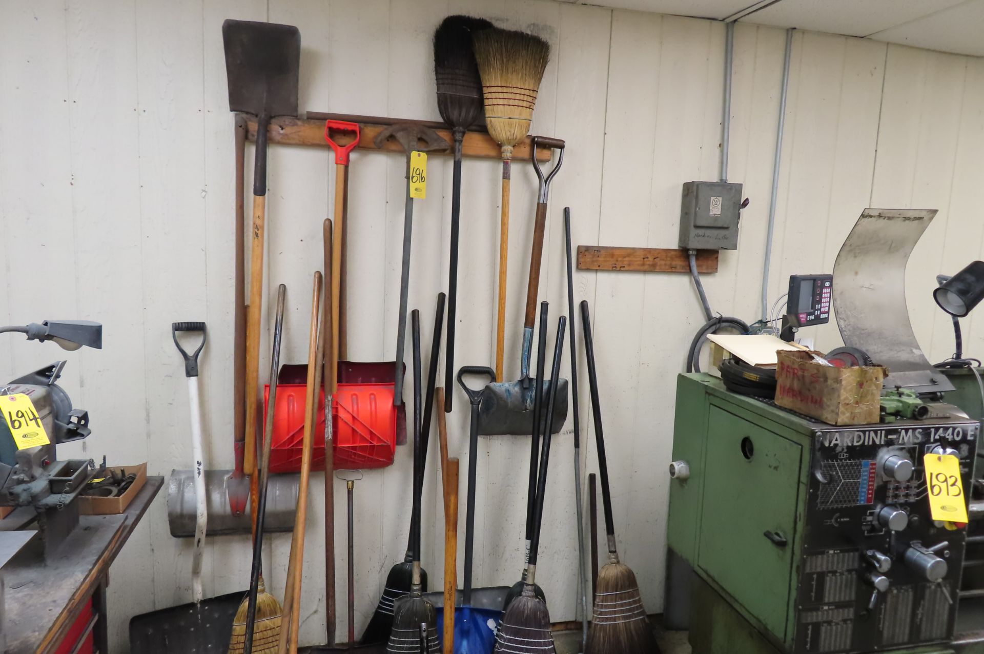 ASSORTED BROOMS AND SHOVELS