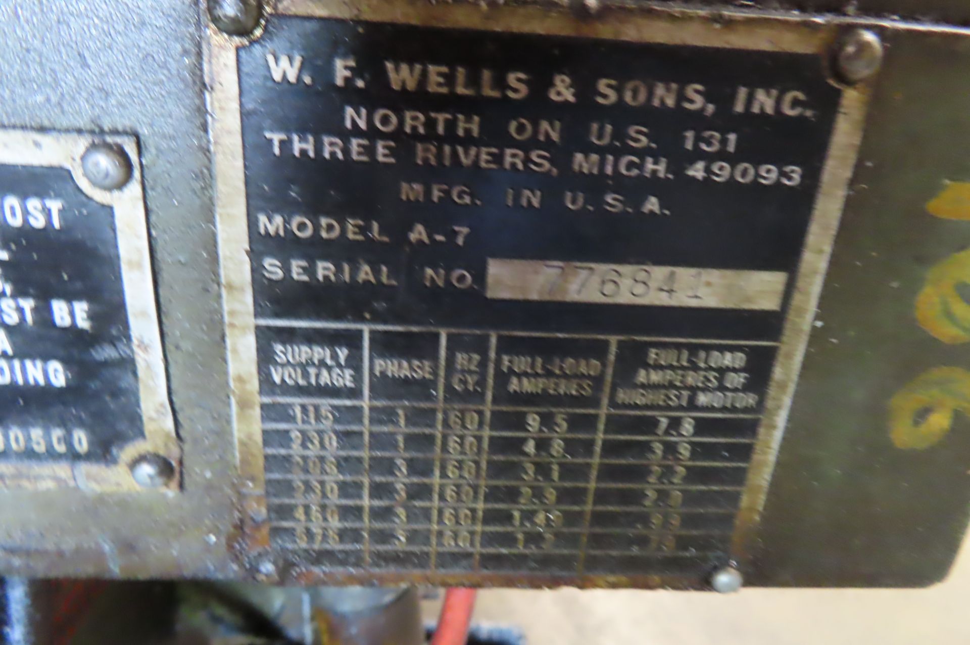 W.F. WELLS & SONS HORIZONTAL BANDSAW, MODEL A-7, S/N 776841… - Image 4 of 4