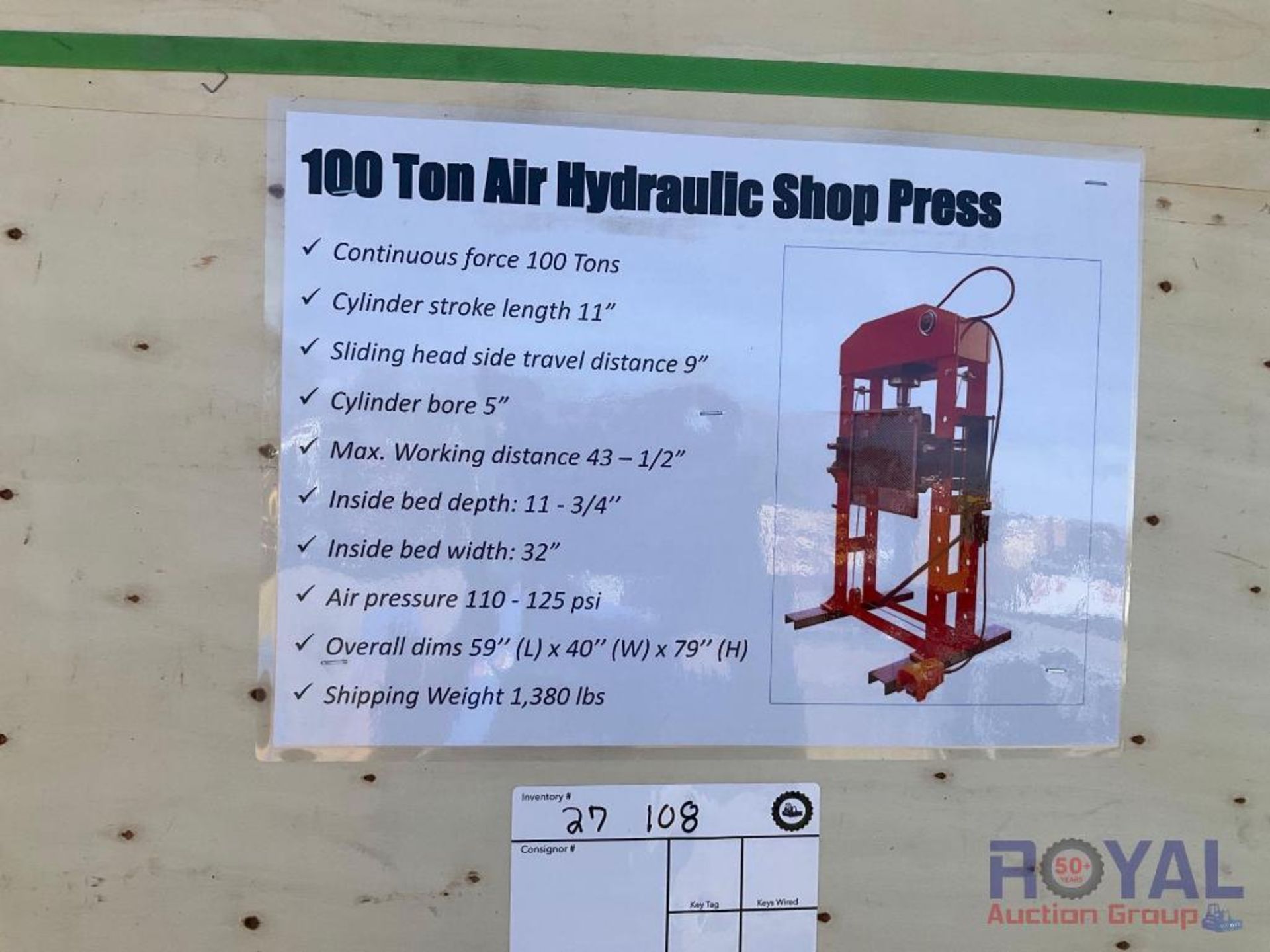 100 Ton Air Hydraulic Shop Press