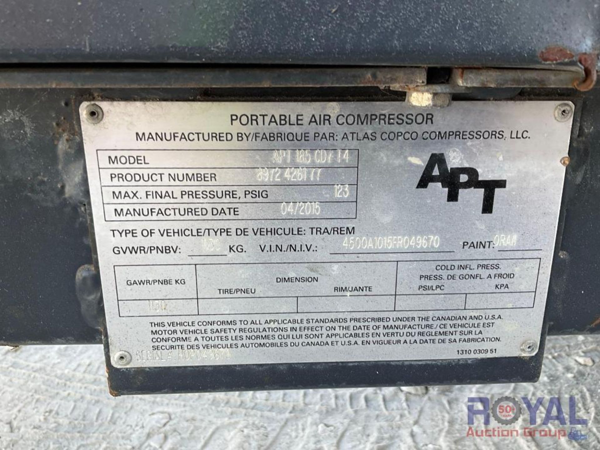 2015 Atlas Copco APT 185CD7 Towable Air Compressor - Image 5 of 14