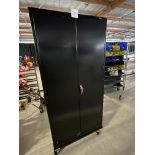 Black metal two door storage cabinet with four shelves 36" wide x 18" deep x 77" high