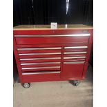 Uline red metal tool box on wheels with 11 drawers 42" wide x 18" deep x 40" high