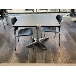 Square Table with metal base 42" wide x 42" deep x 30" high and two black chairs