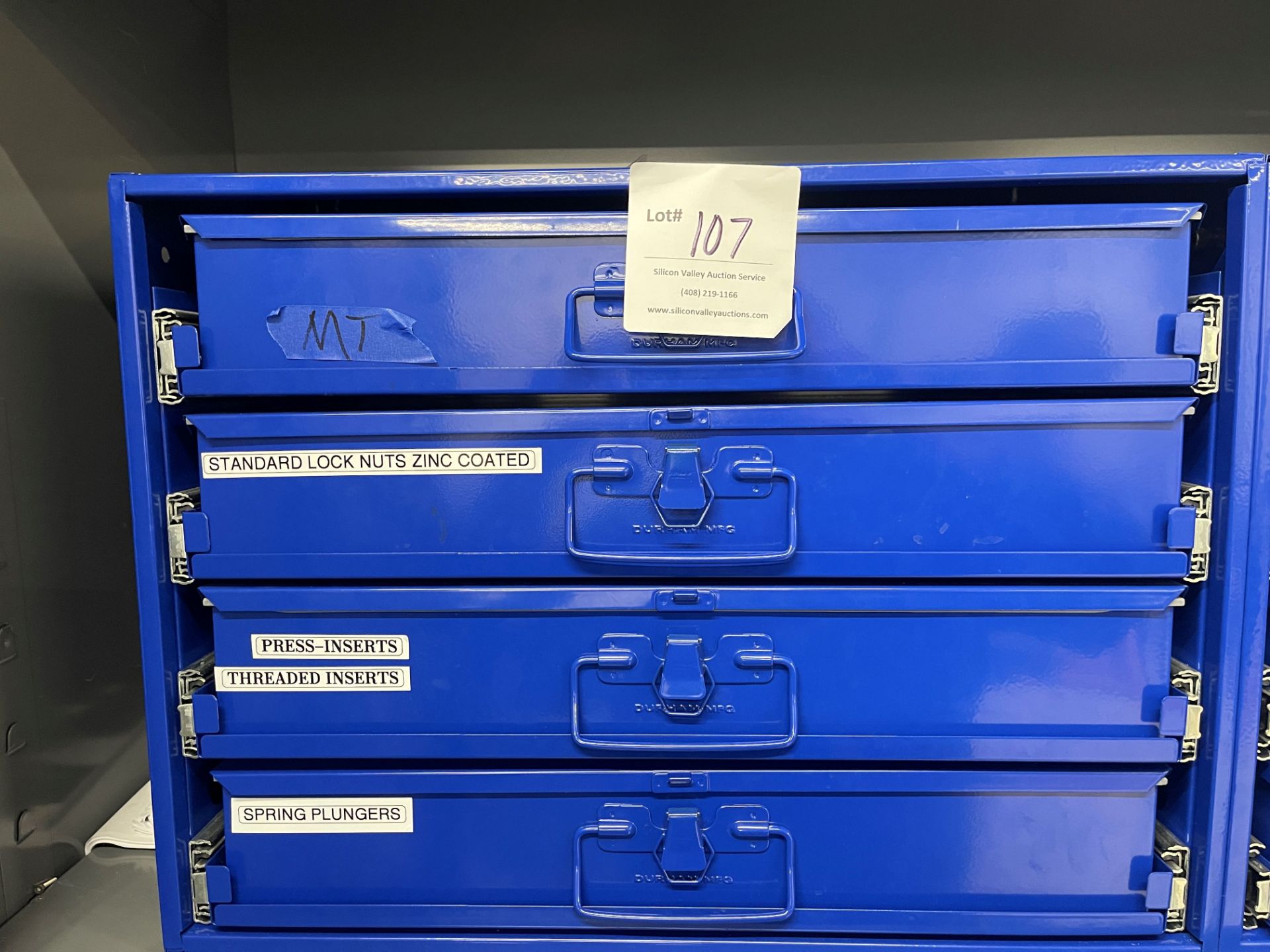 Durham Mfg blue metal storage cabinet with four drawers