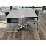 Square Table with metal base 42" wide x 42" deep x 30" high and two black chairs