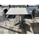 Square Table with metal base 42" wide x 42" deep x 30" high and two black chairs