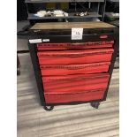 Rubbermaid plastic tool cart on wheels with five drawers 34" wide x 20" deep x 33" high