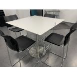 White Square Table with metal base 42" wide x 42" deep x 42" and three black chairs