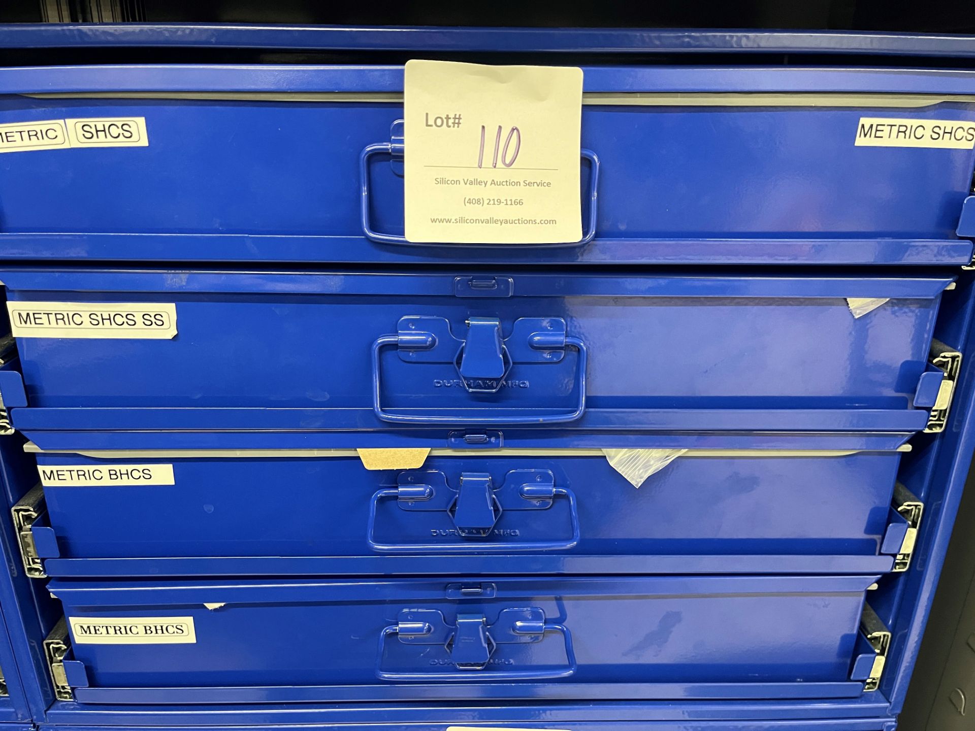 Durham Mfg blue metal storage cabinet with four drawers