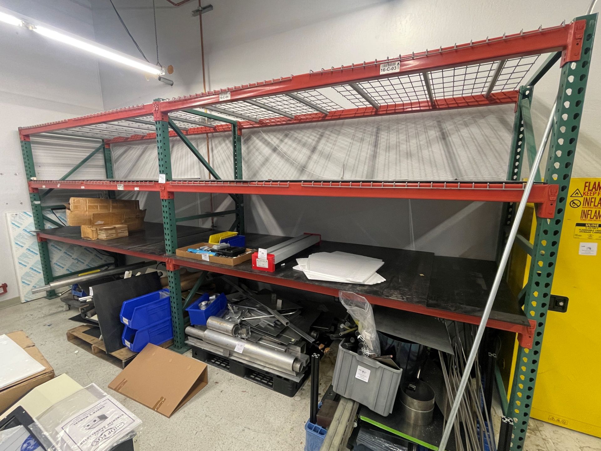 Industrial Pallet Racking, red and green, four shelves 108" wide x 46" deep x 91" high
