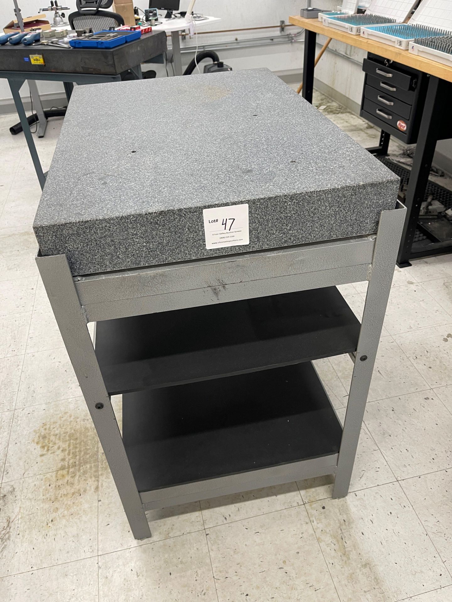 Granite Surface Plate on metal stand with two shelves 36" wide x 24" deep x 40" high