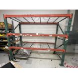 Pallet Racking, red and green metal with three shelves 96" wide x 90" tall x 42" deep