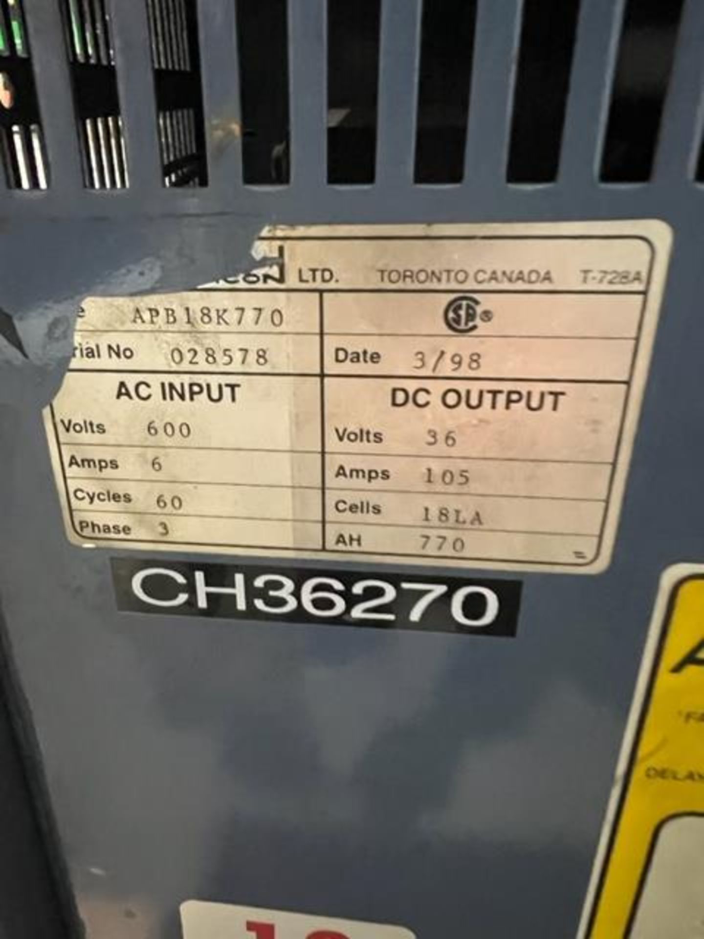 Oldham Hawker Forklift Battery Charger Unit 36V - 600V 3 phase - Image 2 of 2