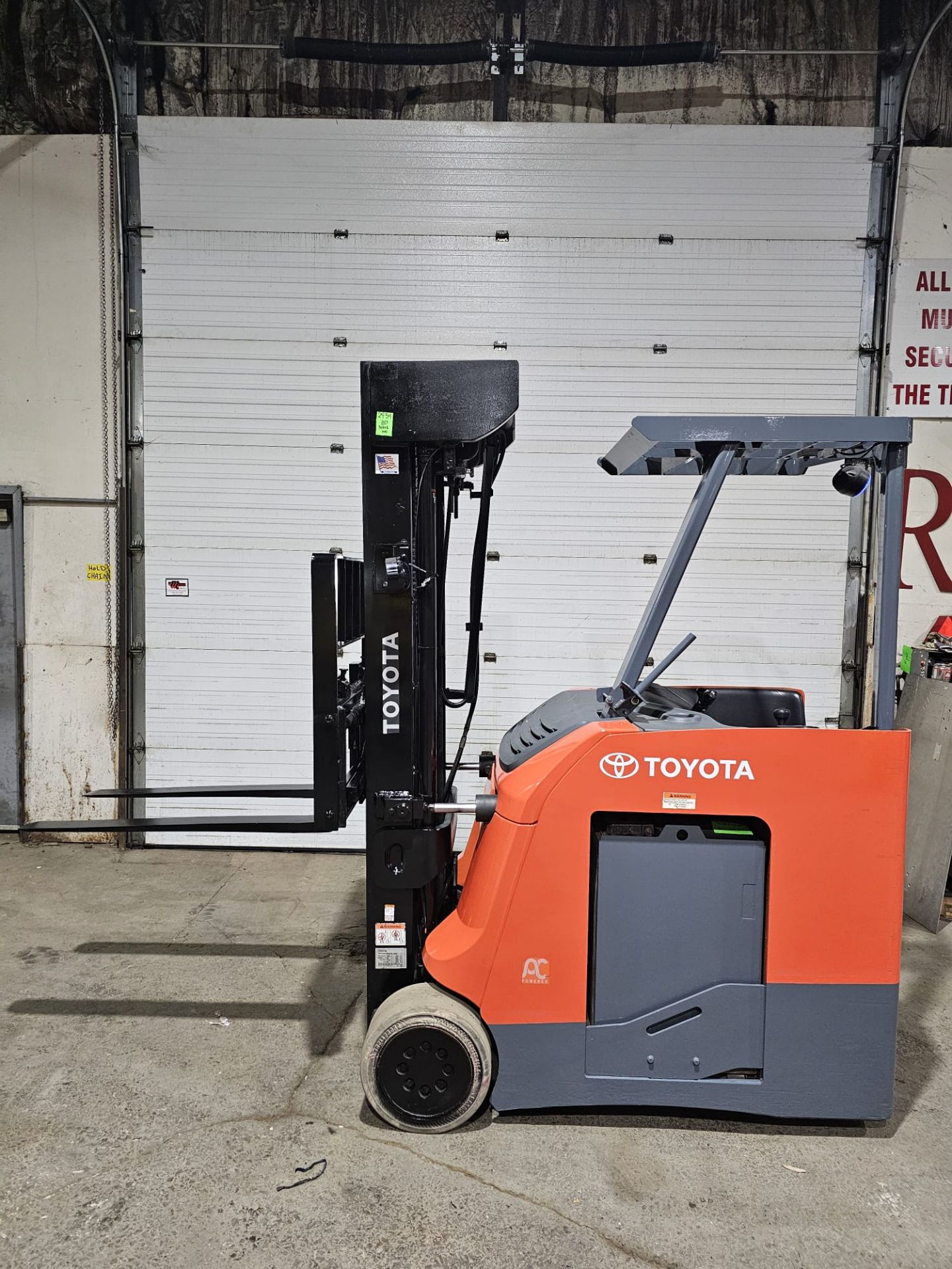 2017 Toyota 4,000lbs Capacity Stand On Electric Forklift with 4-STAGE Mast, sideshift, 36V Battery &