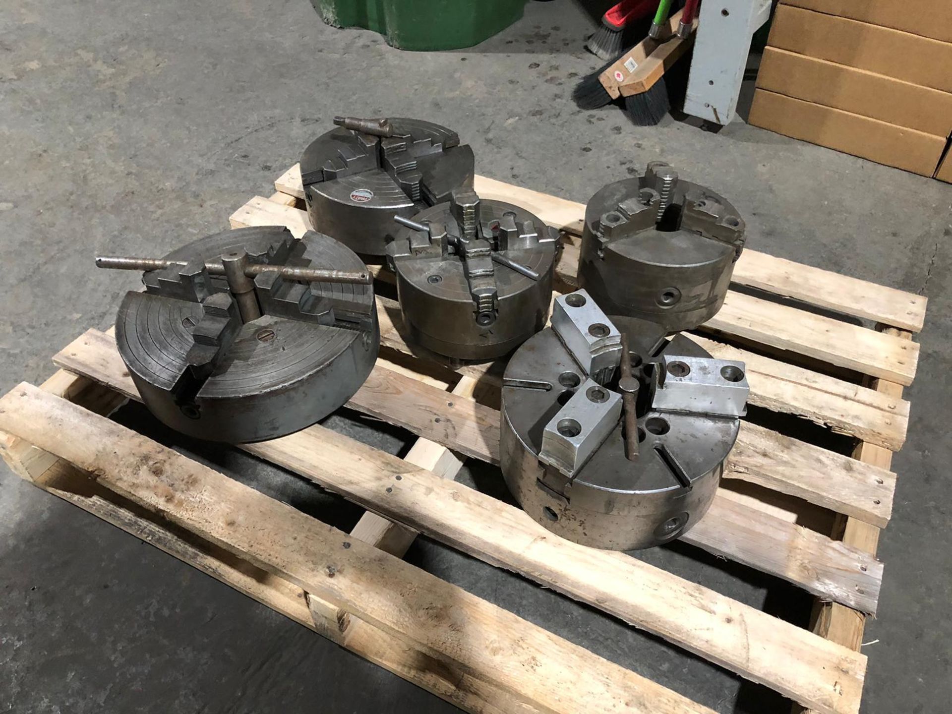 Lot of 5 lathe chucks 8”,10” and 12” 3 and 4 jaw Units
