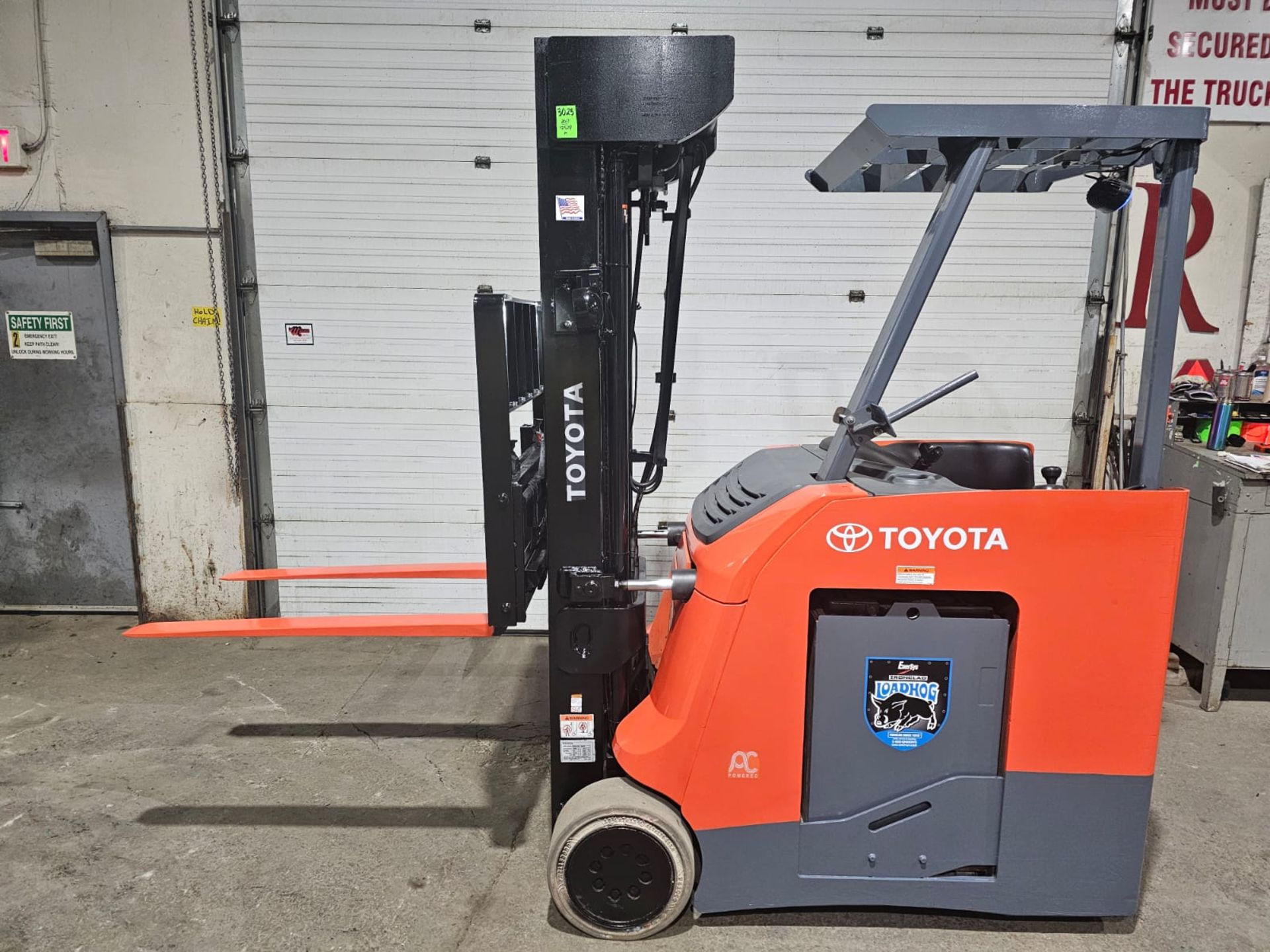 2017 Toyota 4,000lbs Capacity Stand On Electric Forklift with 4-STAGE Mast, sideshift, 36V Battery &